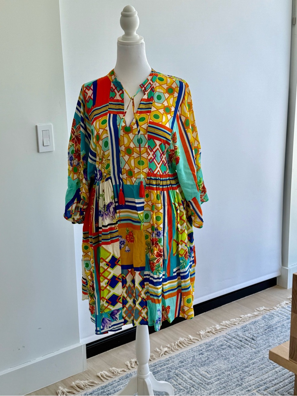 Johnny Was Bright Multicolor Geometric & Floral Mini Dress with Teal Accents
